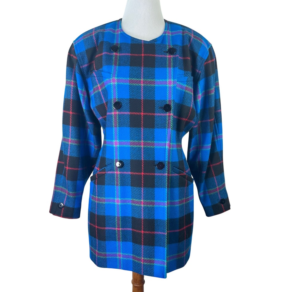Escada‎ Margaretha Ley Vintage Blue Plaid Wool Cashmere Blazer Jacket Womens 42 - Picture 2 of 10